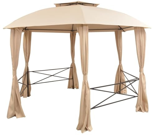 HOMELEN Tente de gazebo hexagonale avec rideaux 360 x 265 cm imperméable beige polyester pavillon extérieur abri de soleil pour les fêtes de jardin, barbecues, réunions de famille