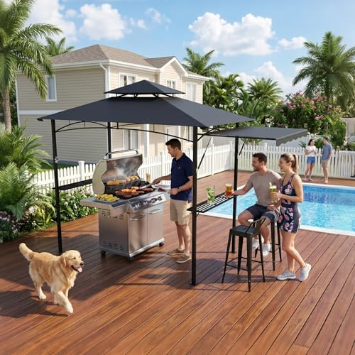 PEILU BBQ Grillpaviljong fristående grilltak med solskydd dubbeltak, 2 x sidohyllor och utdragbar markis, väderbeständiga lusthus för trädgård och utomhusgrillfest (mörkgrå)