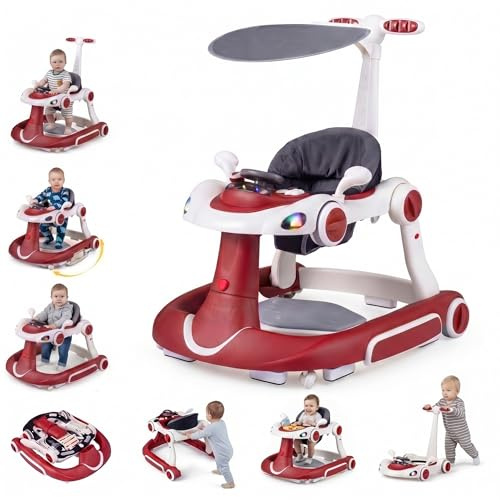 GIANTEX Gånghjälp för Barn 7–18 månader 7 i 1, Baby Walker med tak, lekbricka, speldosa, ljus, första steg hopfällbar, justerbar höjd och hastighet, skjutvagn (röd + vit)