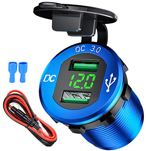 12V / 24V USB Auto Presa Veloce Carica Dual Caricabatteria da Auto USB Caricabatteria da Auto QC 3.0 Ricarica Rapida Impermeabile Auto Adattatore per Moto, Roulotte, Barca, Camion… (Blue)