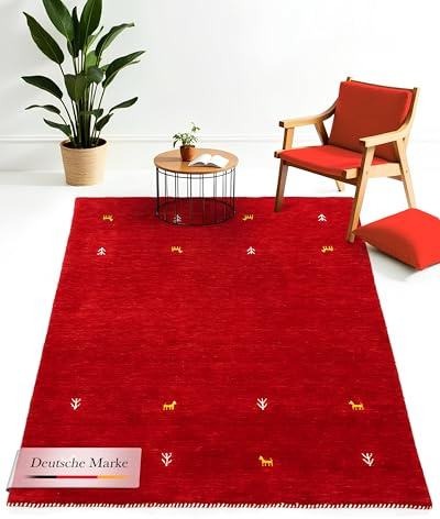 carpetfine Wollteppich Gabbeh Uni Rot 60x90 cm | Moderner Teppich für Wohn- und Schlafzimmer