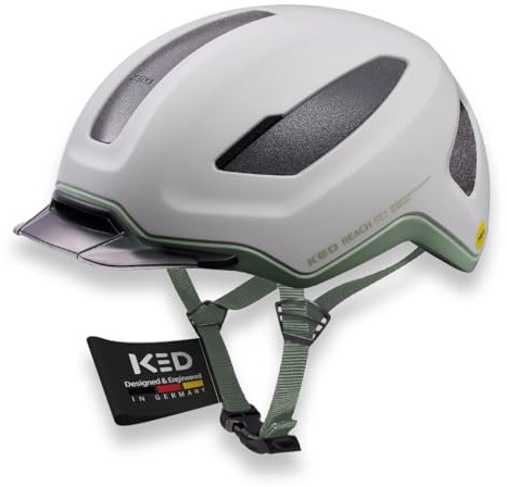 KED Reach DT1 Fahrradhelm – MIPS Schutz, K-Fit 3D Anpassung, Abnehmbares Visier, Rib Cage Belüftung | Farbe: Cloud Grey Light Sage | Größe: 54-58 (M)