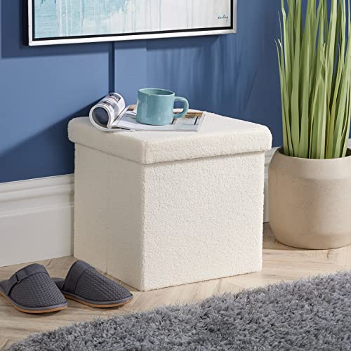 Home Source Folding Ottoman, Boucle Teddy Bear Fabric Storage Square Box, Cream