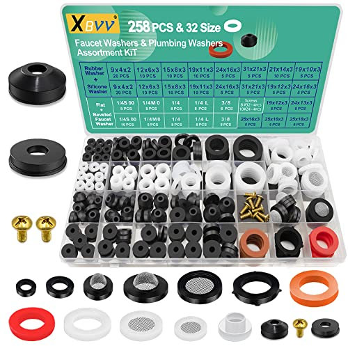 XBVV 258 Pcs 2-in-1 Tap Washer & Hose Gasket Kit for Assorted Outdoor Tap Garden Hose Valve Stem Worn Out Plumber Outside Faucet Bib Shower Gasket Repair Sets