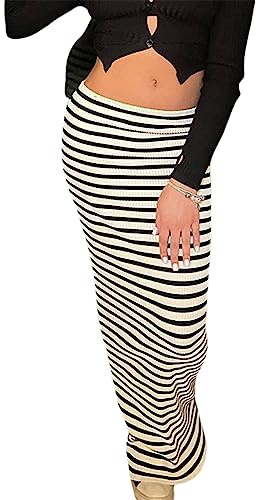 FeMereina Falda larga de punto de cintura alta para mujer, elástica, a rayas, delgada, sin tirantes, vestido de playa, Raya Blanca Negro, S