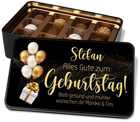 Pralinendose personalisiert „Alles Gute zum Geburtstag“ – Schönes Geburtstagsgeschenk für Mama oder Papa – Metalldose mit 12 Pralinen - Dein Geschenk für Freundin oder Freund