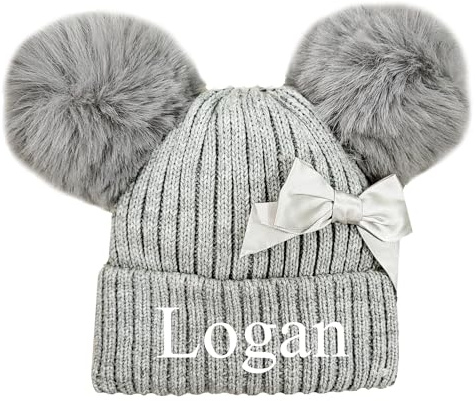 JJLC Personalised Baby Girl Pom Pom Bow Hat Knitted Bobble (One Size, Grey)