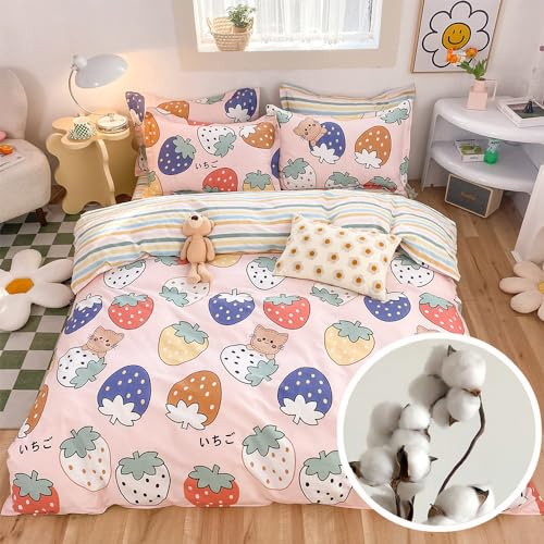 OranFran 100% Cotton Kids Duvet Cover Set - Kawaii Cartoon Strawberry Bedding for Toddler Girls & Boys, Queen Size 3-Piece Breathable Soft Comforter Cover with Zipper Closure (Strawberry,Queen)