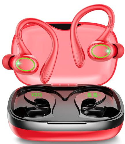 GJB Wireless Earbuds, 60H Playback Bluetooth 5.3 Headphones,Noise Cancelling Wireless Headphones with LED Battery Display, Mics Clear Call, IPX7 Waterproof Bluetooth Earbuds for Workout Sports (Red)