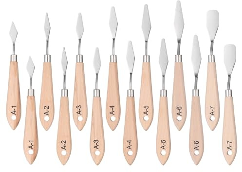 QUARKZMAN 2Set Coltello a Paletta per Pittura 6,30-7,48 Lama in Acciaio Inox Spatola Coltello per Palette con Design Foro Manico in Legno di Faggio per Olio Acrilico Tavolozza Colori