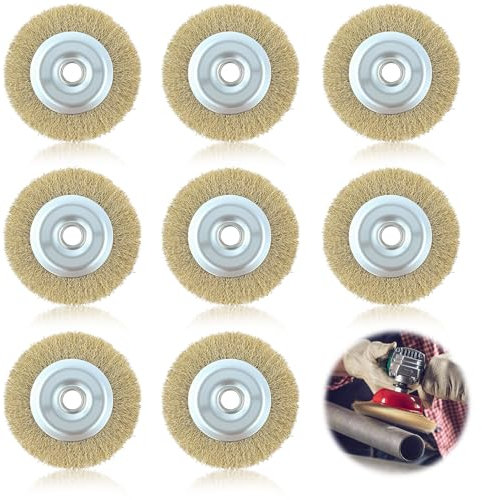 100mm Wire Wheel Brush 4-Inch Brass Plated Crimped Steel Wire Brush Bench with 16mm Arbor Hole Compatible with Patio Cleaners Drills Grinders for Rust Removal Polishing Deburring Joint Cleaning (8Pcs)
