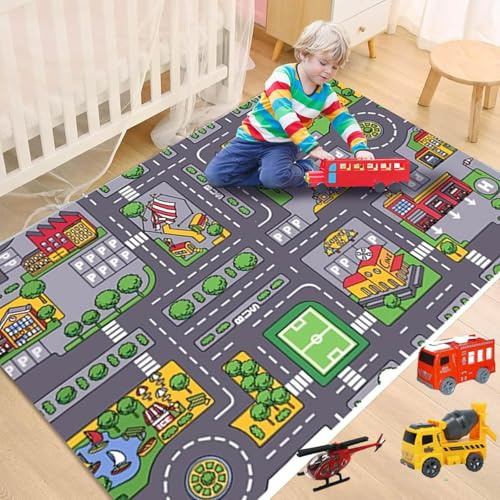 Générique alfombra de coche infantil, circuito de actividad antideslizante para bebé, alfombra de juegos de coche, juguete de alfombra de juego de carretera, motricidad del bebé (90 x 140 cm)