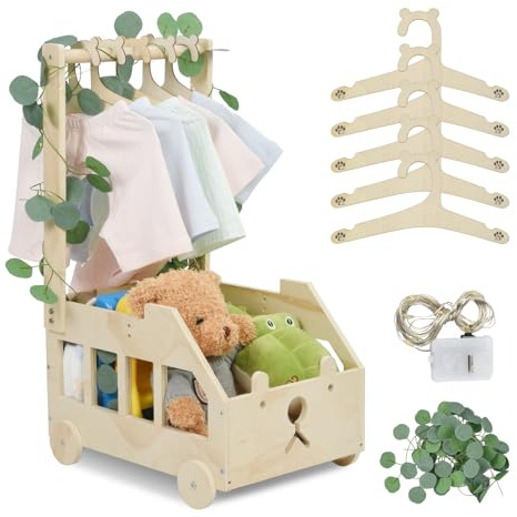 OTraki Panier Rangement Bébé avec Roulettes, Panier de Douche Bois pour Bébé avec Feuilles Décoratives 5 Cintres En Bois Caisse de Rangement pour Fête Prénatale pour Grossesse, Nouveaux Parents