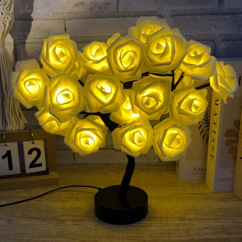 Drawelry Rose Flower Tree Lamp, LED Rose Tree Table Lamp, USB Powered Artificial Bonsai Night Light for Bedroom Living Room Wedding Decor for Mom Girlfriend Family (Cream)