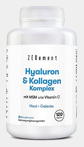 Collagène et Acide Hyaluronique avec Biotine, Zinc, Sélénium, Vitamines C et E - 150 Gélules - Pour Peau, Articulations et Os - 1000 mg de Collagène + 200 mg d’Acide Hyaluronique par Dose - Zenement