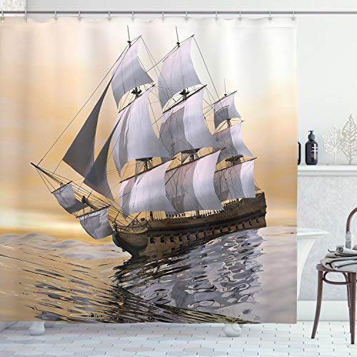 ABAKUHAUS maritim Duschvorhang, Schiff Segeln auf Ozean, mit 12 Ringe Set Stielvoll Modern, 175x200 cm, Pfirsich Grau