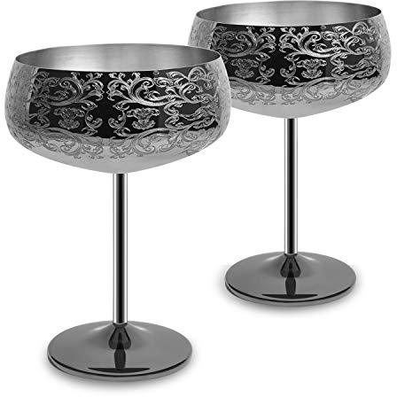 SKY FISH Martini Gläser, Edelstahl Champagner Schalen 2er Set, 400 ml Sektschale mit 2 Cocktail-Plektren, Handwäsche, (schwarz)