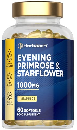 Evening Primrose and Starflower Oil Capsules 1000mg | with Vitamin B6 | 60 Softgels | Rich Source of Omega 6 GLA & 9 Oleic Fatty Acids | by Horbaach