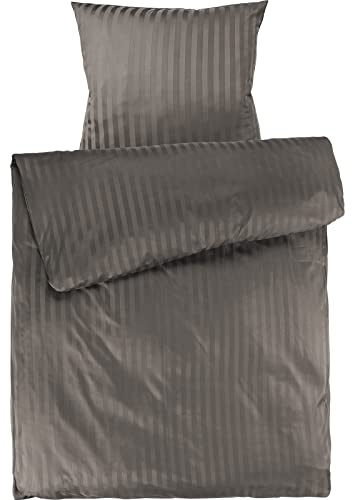 Pure Label Mako Satin Damast Streifen Bettwäsche Taupe 155x220 cm mit Kissenbezug 80x80 cm aus 100% Baumwolle | Traumhaft weiches Mako Satin Bettwäsche Set in Uni