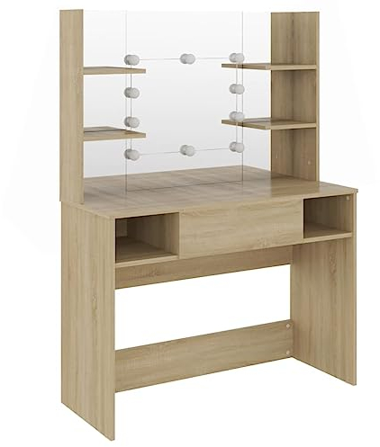 vidaXL Schminktisch mit LED-Beleuchtung Kosmetiktisch Frisiertisch Spiegel Schminkspiegel Kommode Frisierkommode 100x40x135cm MDF Eiche-Optik