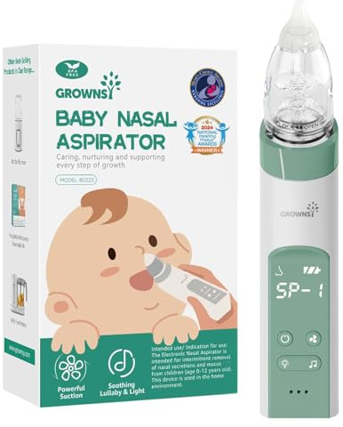 GROWNSY Nasal Aspirator for Baby, Electric Nose Aspirator for Toddler, Baby Nose Sucker, Automatic Nose Cleaner with 3 Silicone Tips, Adjustable Suctions, Music and Light Soothing Function (Green)