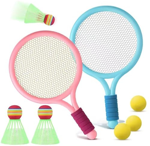 Kids Tennis Racquet Set Funny Tennis Racket with 2 Badminton Rackets and 3 Shuttlecocks(Over 3 Years Old) for Indoor Outdoor Backyards Lawn Beach Sports Game，Multicoloured