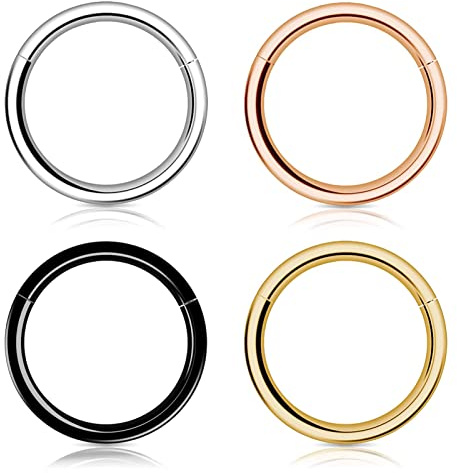 Kucheed 4 Piezas Aro Nasal para Mujer y Hombre, Aretes de Aro para Septum de Acero Quirúrgico 316L con Bisagras 8mm, Anillo Hipoalergénico de Concha Lóbulo Daith HélicePiercings Joyería (20G 8mm)