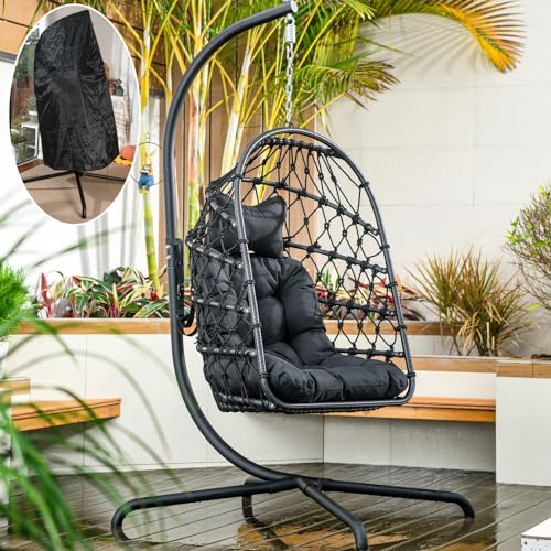 LKINBO Polyrattan Hängesessel mit Gestell Outdoor Indoor, Korb Hängestuhl Rattan Hanging Chair Wetterfest Hängeschaukel Gartenschaukel bis 195 kg, Schwarz