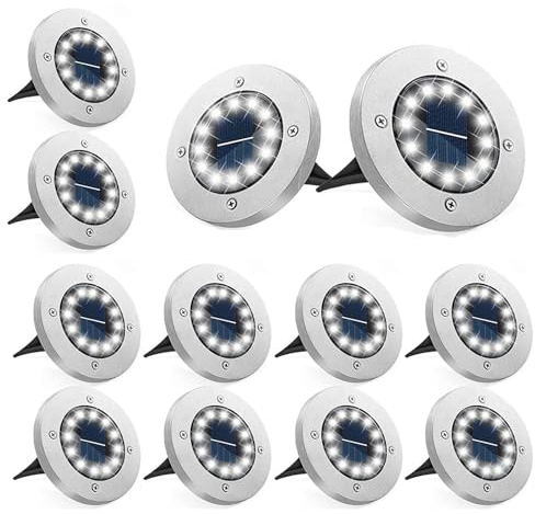 Bzavor 12 luci solari da pavimento, per esterni, 12 LED, con pannello solare aggiornato, decorazione per prato, marciapiede, piscina, terrazze (bianco freddo)