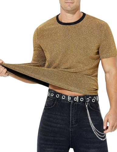 Mauro Kane T‑Shirt Homme Brillant à Paillettes Disco Tee Shirt Clubwear | Haut à Manches Courtes Scintillants, à Col Rond, à Coupe Ajustée pour Fête, Boîte de nuit, Carnaval, Halloween