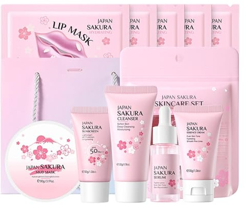 Sakura Skincare Set for Teenage Girls Gifts, Teen Skin Care Sets & Kits, Girls Pamper Sets for Women Gifts, Hydrating & Radiance Boosting, Daily Face Care for All Skin Types, Glass Skin,10PCS