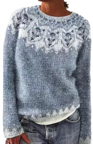 Pull Femme Chic Et Original,Pull Femme Hiver Géométrique Tricoté À Col Rond Manches Longues, Sweater Vintage à Motif Tricoté, Pull Norvégien Femme Grande Taille, Chaud Casual Sweater Tops Oversize