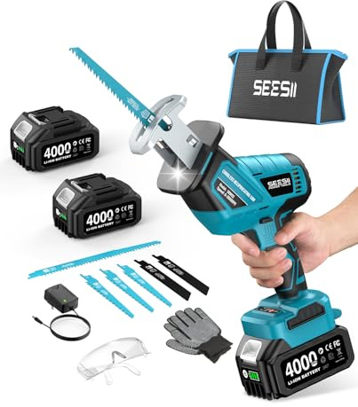 SEESII Reciprocating Saw Cordless, Variable Speed 3500 RPM Brushless Motor with 6 Saw Blades, 2 x 4.0Ah Batteries, LED Light, Tool‑Free Blade Change, Portable for Wood PVC Cutting