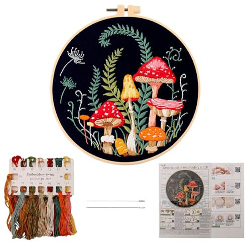Nurila Sticken Set Erwachsene, Stickset für Anfänger, Stickbilder Erwachsene, Embroidery Kit mit Stickrahmen, Stickbilder für DIY Kunst, Handwerk Pilzmuster DIY Set