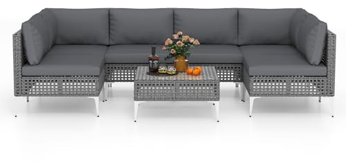 COSTWAY Conjunto Jardin Exterior 7 Piezas de Ratan PE, Sofás Mimbre, Mesa de Café de Cristal Templado, Cojines de Asiento y Respaldo, Mesa y Sillas Jardin Terraza Balcon (7 Piezas)