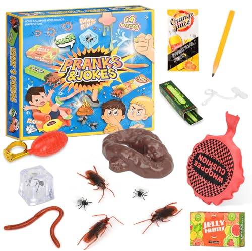 COLEESON 14Pcs Practical Joke Kit, Pranks Toys for Kids Adults, Included Whoopee Cushion, Fake Poo, Fake Roaches, Haloween April Fools Novelty Practical Jokes gift Presents