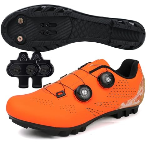 Treer Outdoor Cycling Shoes Mens Womens MTB Mountain Bikes Cycle Trainers Shoes with 4 Holes Cleats Unisex Men Women Spin Bike for Indoor - 3.5-12 UK Size (Orange,6.5)