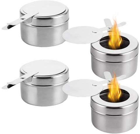 Zyluniy Set of 4 Stainless Steel Fuel Paste Containers with Lid, Fondue Burner, Fuel Paste for Warming Containers, Fondue Burner & Spirit Burner for Buffet, Hot Pot, Camping, Buffet Accessories