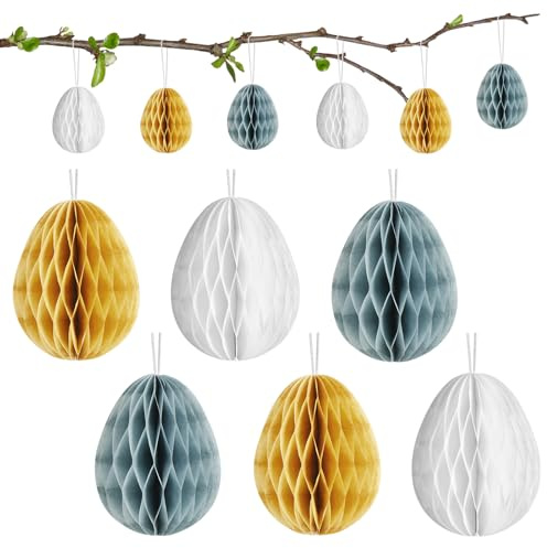 JULMELON Set di 12 uova di Pasqua in carta, decorazione da appendere in bianco, marrone, blu con motivo a nido d'ape (7 x 5 cm)