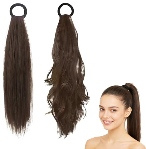 Jetstream 2 Piezas Coleta Postiza, Extensiones Pelo Rizado, Coleta Pelo Natural, Castaño Oscuro, Cabello Liso y Coleta Rizada, Adecuado para Mujeres y Niñas
