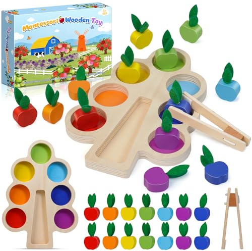 Joozmui Montessori Toys for 1 2 3 Year Olds, Colour Sorting Apple Picking Toys for Toddlers, Wooden Fine Motor Skills Toys, Preschool Educational Sensory Toys for 1 2 3 Year Old Boys Girls Gifts