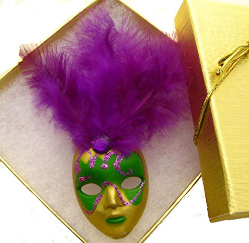 New Orleans Mardi Gras Feather Mask Pin / Brooch / Jewelry SMLGift Party favor Costume Accessory Theme Party favor decor decoration French Quarter Carnival Gift Masker Jester Purple Feather w Gift Box