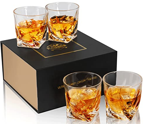 KANARS Whiskey Glasses Set of 4, 10 Oz Crystal Old Fashioned Cocktail Glass in Gift Box, Twisted Lowball Bourbon Tumbler for Scotch Whisky Cognac, Rock Barware for Men Gift Christmas