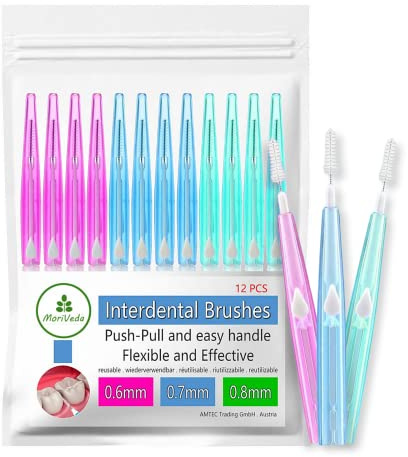 MoriVeda Spazzole interdentali - Set di 12 (0,6/0,7/0,8 mm) Spazzole interdentali per un'igiene orale pulita I Funzione Push-Pull sviluppato in collaborazione con i laboratori dentali, mix