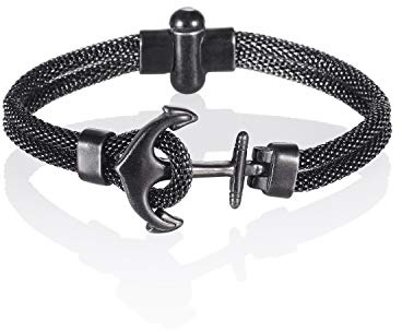 namana Bracciale per uomo nero in acciaio inossidabile con motivo a forma di ancora. Bracciale a maglie in nero vintage con motivo a forma di ancora. Gioielleria nautica con confezione regalo. (22)