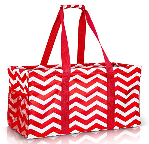 Lucazzi Extra Large Utility Tote Bag,Oversized Collapsible Reusable Wire Frame Rectangular Canvas Basket With Two Exterior Pockets For Beach, Pool, Laundry, Car Trunk, Storage, Chevron Red, XL