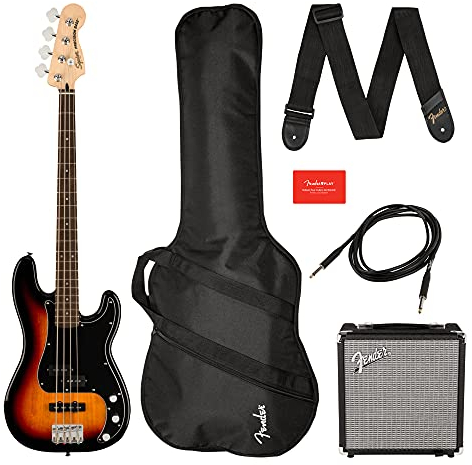 Squier by Fender 3 Color Sunburst Affinity Series Electric Precision Bass® PJ Pack mit Rumble 15 Bassverstärker, Fender Play, Gigbag und Gurt