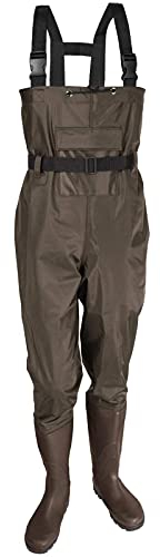 Wathose Herren mit Gummis Stiefel, rutschfest Wathose Damen mit Wasserdichter Tasche, wasserdichte PVC Angelhose Herren, Kältebeständig Anglerhose Herren,Braun,UK 12/EU 46