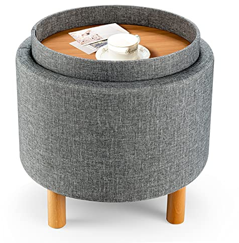 CASART Storage Ottoman, 4-in-1 Round Footstool with Removable Lid, Modern Padded Seat Upholstered Sitting Stool for Living Room Bedroom Hallway (Grey)