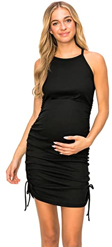 My Bump Women's Knit Ribbed Sleeveless Maternity Dress with Side Ruched and Strings(Made in USA)(MD0079LBAZ,BLK,MD)